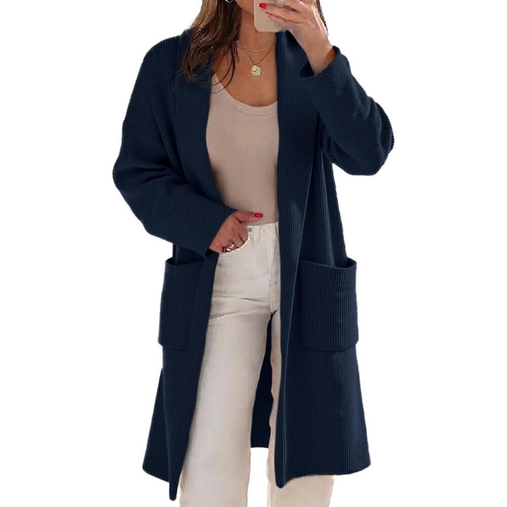 Women's Navy Blue Long Cardigan Sweater Large Cozy Fall Layering Knit
